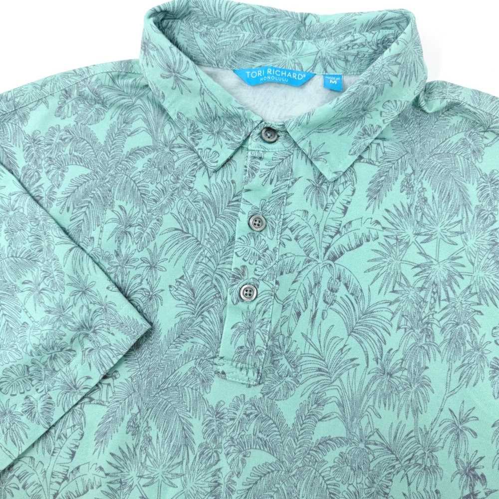 Tori Richard Mens Medium Seafoam Green Tropical Palm Leaf Performance Polo Shirt